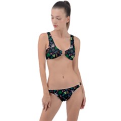 Floral Pattern With Plants Sloth Flowers Black Backdrop Ring Detail Crop Bikini Set by Vaneshart