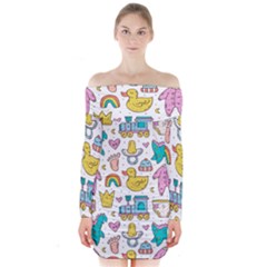 Baby Care Stuff Clothes Toys Cartoon Seamless Pattern Long Sleeve Off Shoulder Dress by Vaneshart