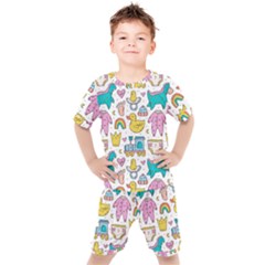 Baby Care Stuff Clothes Toys Cartoon Seamless Pattern Kids  Tee And Shorts Set by Vaneshart