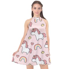 Cute-unicorn-rainbow-seamless-pattern-background Halter Neckline Chiffon Dress  by Vaneshart
