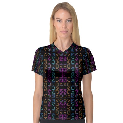 Neon Geometric Seamless Pattern V-neck Sport Mesh Tee by dflcprintsclothing