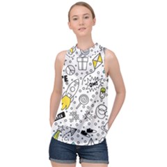 Set Cute Colorful Doodle Hand Drawing High Neck Satin Top by BangZart