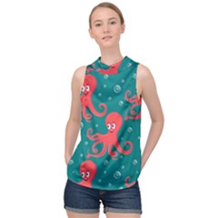 Cute Smiling Red Octopus Swimming Underwater High Neck Satin Top by BangZart
