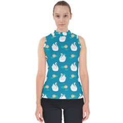 Elegant Swan Pattern With Water Lily Flowers Mock Neck Shell Top by BangZart
