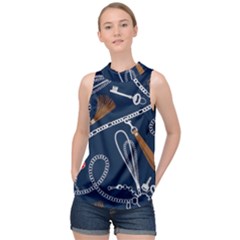 Chains Seamless Pattern High Neck Satin Top by BangZart