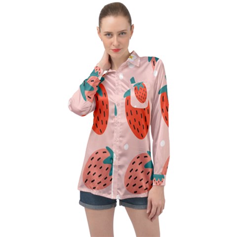 Strawberry Seamless Pattern Long Sleeve Satin Shirt by BangZart