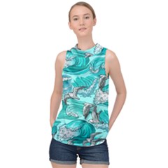 Sea Waves Seamless Pattern High Neck Satin Top by BangZart
