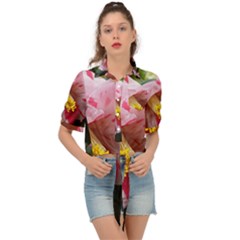 Striped Pink Camellia Ii Tie Front Shirt  by okhismakingart