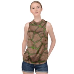 Cartoon Brown Stone Grass Seamless Background Texture Pattern High Neck Satin Top by BangZart