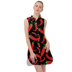 Seamless Vector Pattern Hot Red Chili Papper Black Background Sleeveless Shirt Dress by BangZart