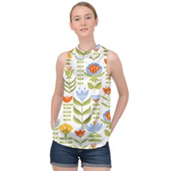 Seamless Pattern With Various Flowers Leaves Folk Motif High Neck Satin Top by BangZart
