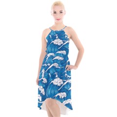 Storm Waves Seamless Pattern Raging Ocean Water Sea Wave Vintage Japanese Storms Print Illustration High-low Halter Chiffon Dress  by BangZart