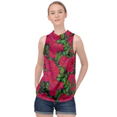 Seamless Pattern With Colorful Bush Roses High Neck Satin Top by BangZart