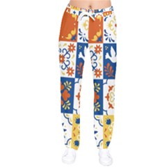 Mexican Talavera Pattern Ceramic Tiles With Flower Leaves Bird Ornaments Traditional Majolica Style Women Velvet Drawstring Pants by BangZart