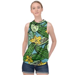 Seamless Pattern With Cucumber Slice Flower Colorful Hand Drawn Background With Vegetables Wallpaper High Neck Satin Top by BangZart