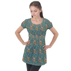 006 - Funky Oldschool 70s Wallpaper - Exploding Circles Puff Sleeve Tunic Top by DinzDas