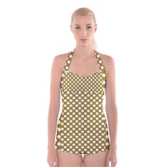Gold Polka Dots Patterm, Retro Style Dotted Pattern, Classic White Circles Boyleg Halter Swimsuit  by Casemiro