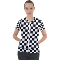 Black And White Chessboard Pattern, Classic, Tiled, Chess Like Theme Short Sleeve Zip Up Jacket by Casemiro