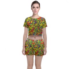 Colorful Brush Strokes Painting On A Green Background                                                   Crop Top And Shorts Co-ord Set by LalyLauraFLM
