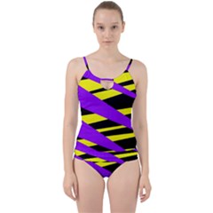 Abstract Triangles, Three Color Dotted Pattern, Purple, Yellow, Black In Saturated Colors Cut Out Top Tankini Set by Casemiro