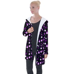 Purple, Pink Bokeh Dots, Asymmetric Polka Dot With Modern Twist Longline Hooded Cardigan by Casemiro