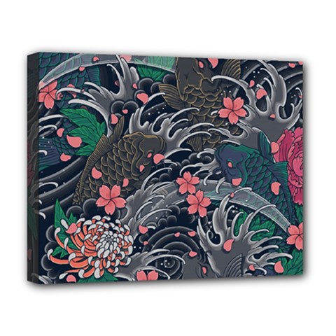 Japanese Wave Koi Illustration Seamless Pattern Deluxe Canvas 20  X 16  (stretched) by Amaryn4rt