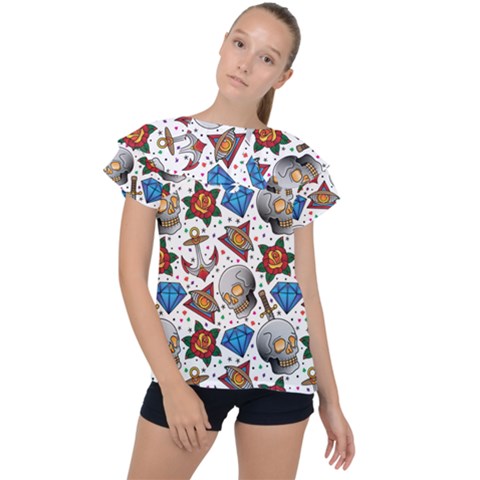 Full Color Flash Tattoo Patterns Ruffle Collar Chiffon Blouse by Amaryn4rt