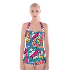 Comic Colorful Seamless Pattern Boyleg Halter Swimsuit  by Amaryn4rt