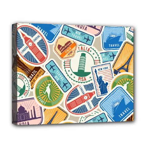 Travel Pattern Immigration Stamps Stickers With Historical Cultural Objects Travelling Visa Immigrant Deluxe Canvas 20  X 16  (stretched) by Amaryn4rt