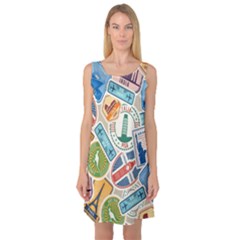 Travel Pattern Immigration Stamps Stickers With Historical Cultural Objects Travelling Visa Immigrant Sleeveless Satin Nightdress by Amaryn4rt