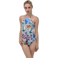 Travel Pattern Immigration Stamps Stickers With Historical Cultural Objects Travelling Visa Immigrant Go With The Flow One Piece Swimsuit by Amaryn4rt