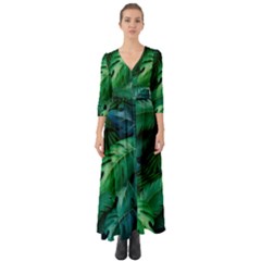 Tropical Green Leaves Background Button Up Boho Maxi Dress by Amaryn4rt