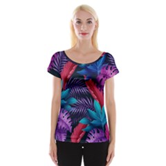 Background With Violet Blue Tropical Leaves Cap Sleeve Top by Amaryn4rt