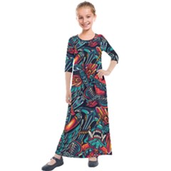 Vintage Tattoos Colorful Seamless Pattern Kids  Quarter Sleeve Maxi Dress by Amaryn4rt