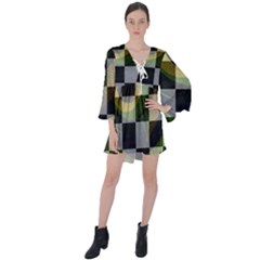 Circle Checks V-neck Flare Sleeve Mini Dress by Sparkle