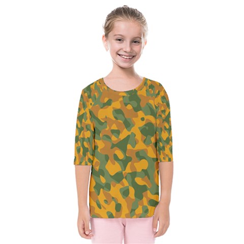 Green And Orange Camouflage Pattern Kids  Quarter Sleeve Raglan Tee by SpinnyChairDesigns