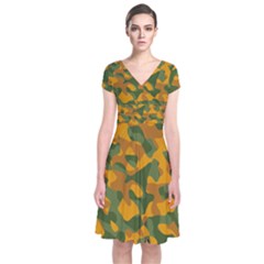 Green And Orange Camouflage Pattern Short Sleeve Front Wrap Dress by SpinnyChairDesigns
