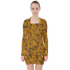 Brown And Orange Camouflage V-neck Bodycon Long Sleeve Dress by SpinnyChairDesigns