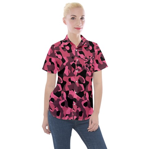 Black And Pink Camouflage Pattern Women s Short Sleeve Pocket Shirt by SpinnyChairDesigns