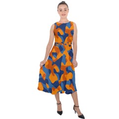 Blue And Orange Camouflage Pattern Midi Tie-back Chiffon Dress by SpinnyChairDesigns