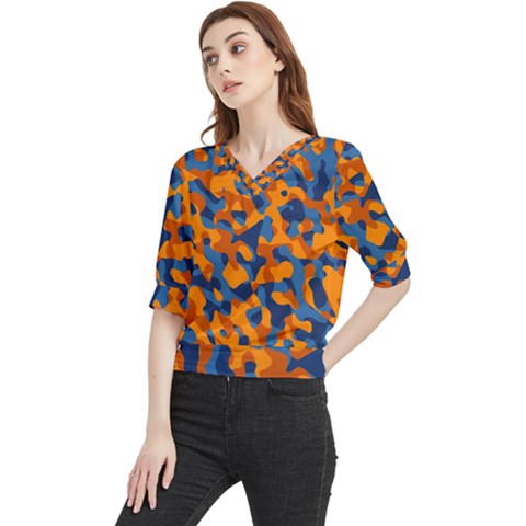 Blue And Orange Camouflage Pattern Quarter Sleeve Blouse by SpinnyChairDesigns