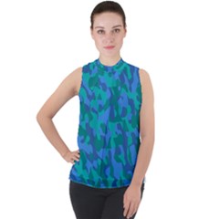 Blue Turquoise Teal Camouflage Pattern Mock Neck Chiffon Sleeveless Top by SpinnyChairDesigns