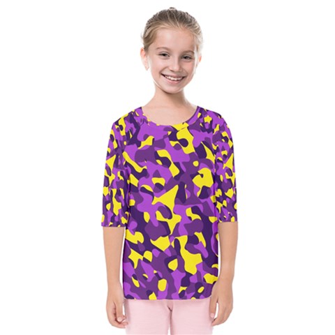 Purple And Yellow Camouflage Pattern Kids  Quarter Sleeve Raglan Tee by SpinnyChairDesigns