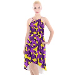 Purple And Yellow Camouflage Pattern High-low Halter Chiffon Dress  by SpinnyChairDesigns