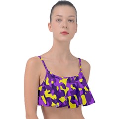 Purple And Yellow Camouflage Pattern Frill Bikini Top by SpinnyChairDesigns