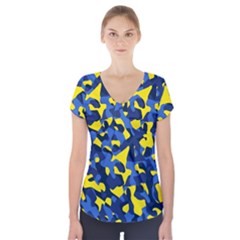 Blue And Yellow Camouflage Pattern Short Sleeve Front Detail Top by SpinnyChairDesigns