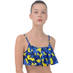 Blue And Yellow Camouflage Pattern Frill Bikini Top by SpinnyChairDesigns