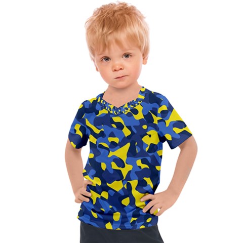 Blue And Yellow Camouflage Pattern Kids  Sports Tee by SpinnyChairDesigns