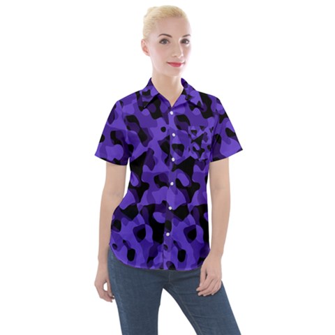 Purple Black Camouflage Pattern Women s Short Sleeve Pocket Shirt by SpinnyChairDesigns