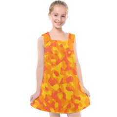 Orange And Yellow Camouflage Pattern Kids  Cross Back Dress by SpinnyChairDesigns